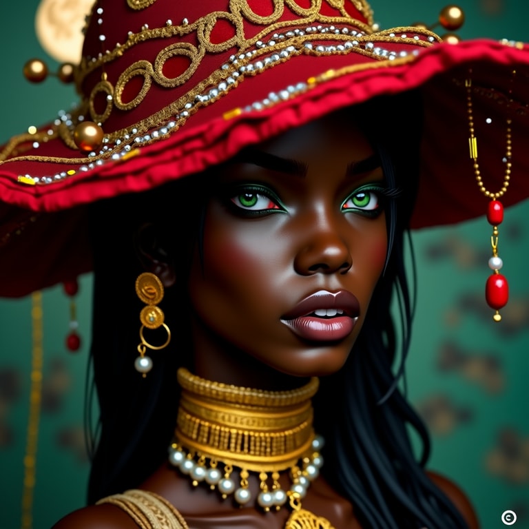 **Regal Elegance: Portrait of a Woman in Red and Gold**