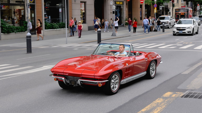 Classic Red Convertible in Urban Motion