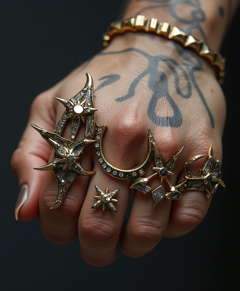**Celestial Adornments: A Hand of Stars and Moons**
