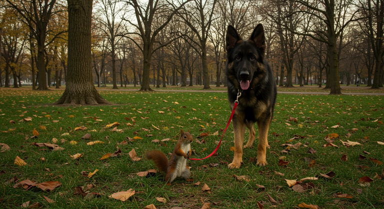 An Unlikely Stroll: Dog and Squirrel in the Park