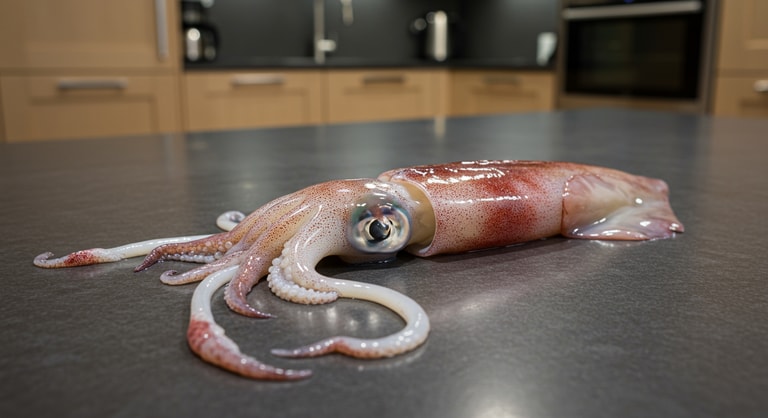 Fresh Squid on Modern Kitchen Countertop