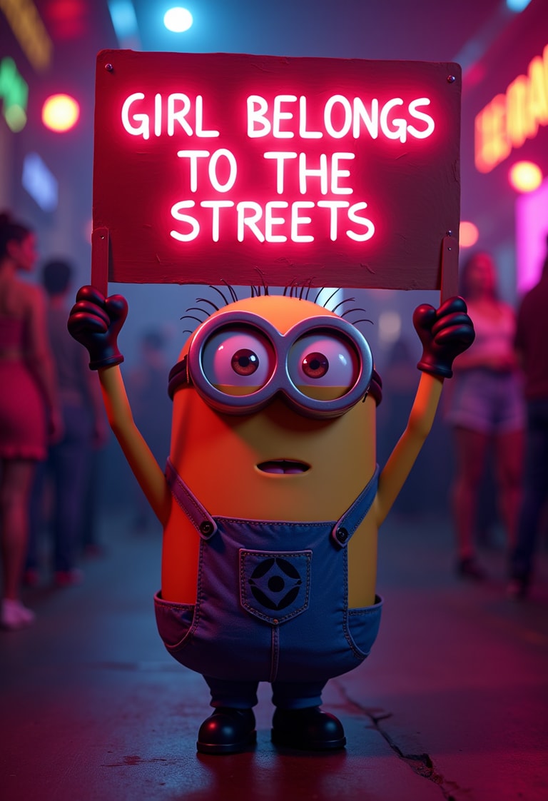 Minion with Neon Sign in Urban Nightlife
