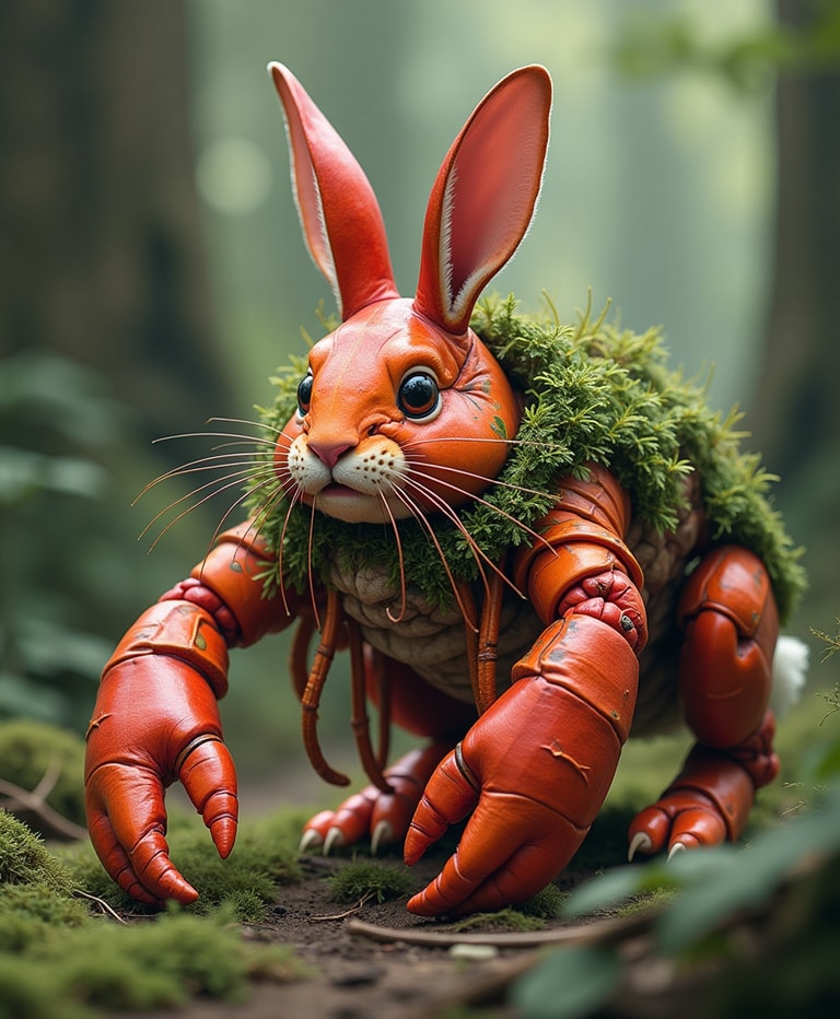Moss-Covered Rabbit-Lobster in Enchanted Forest