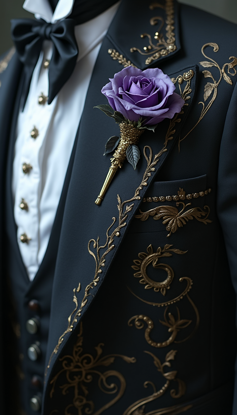 Elegant Embroidered Suit with Purple Rose Boutonniere