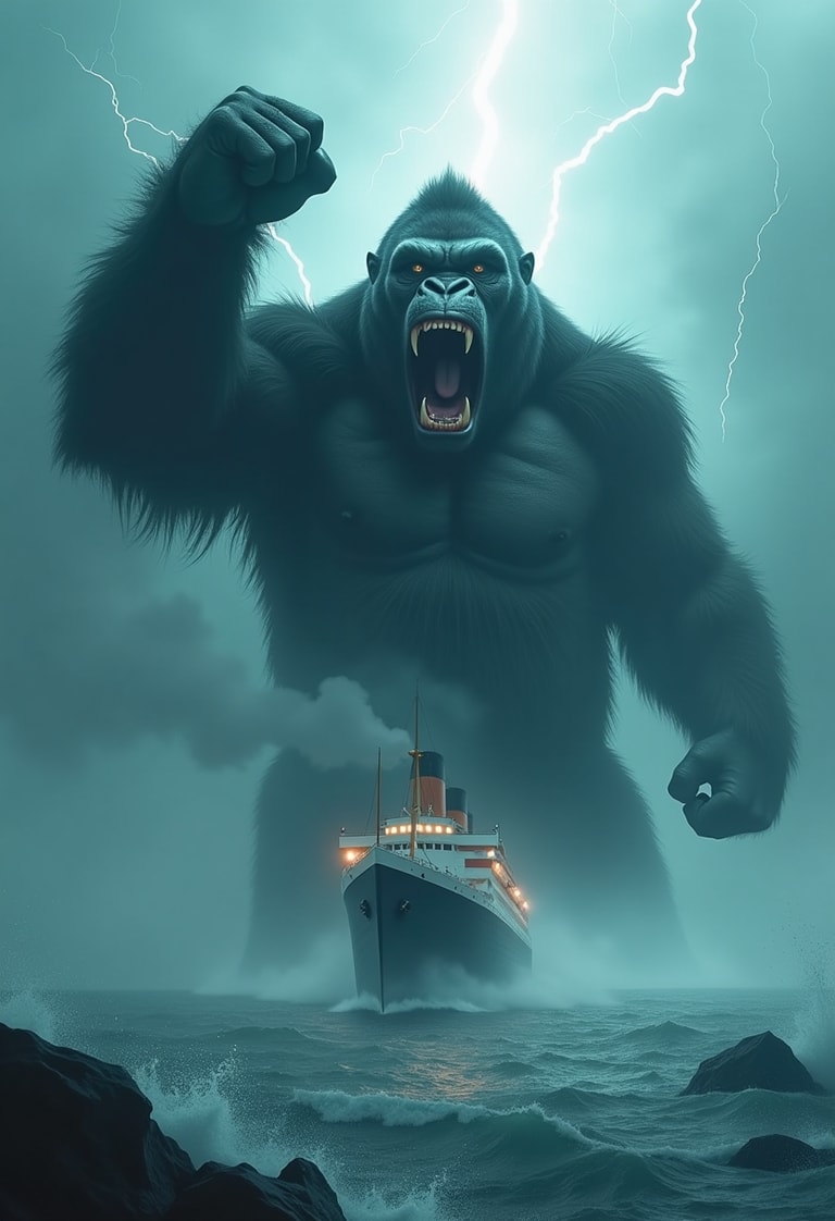 Giant Gorilla vs. Ocean Liner in Stormy Seas