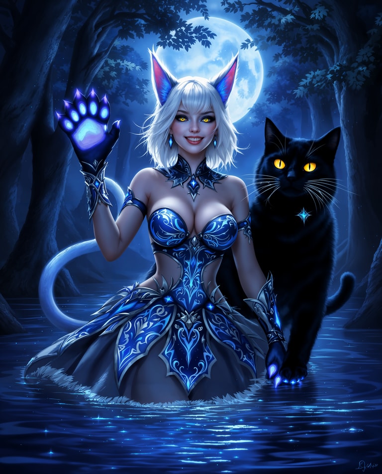 Moonlit Enchantress and Her Mystic Cat