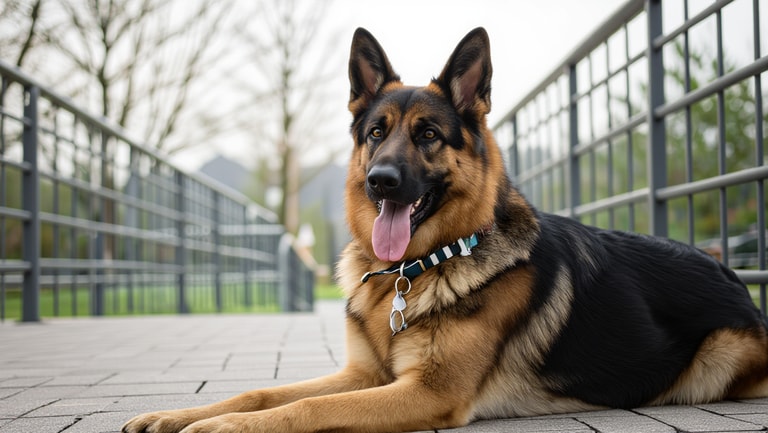 Relaxed German Shepherd on a Quiet Walkway