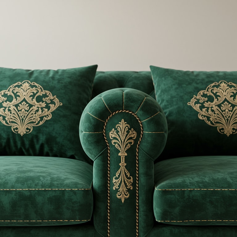 Opulent Green Velvet Sofa with Gold Embroidery