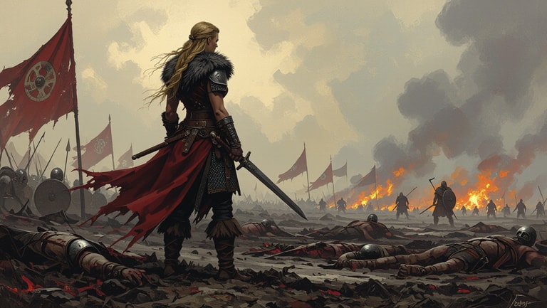 Valkyrie Surveys Scorched Battlefield
