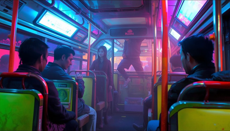 Neon Tension Aboard the Night Bus