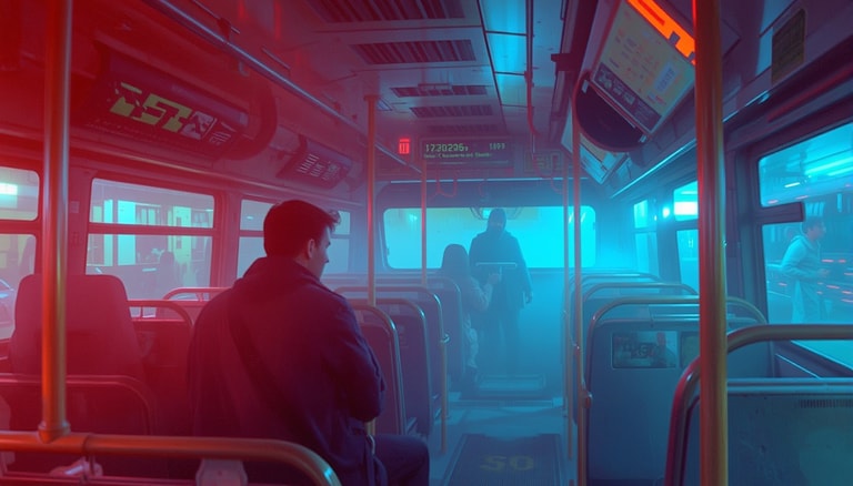 Neon Fog on the Night Bus