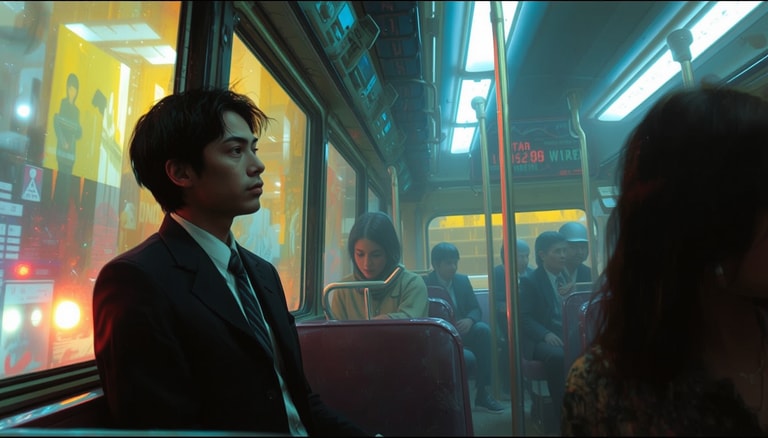 Neon Solitude on the Night Bus
