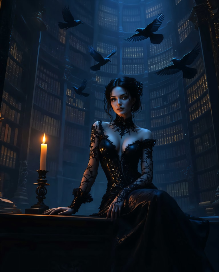 Raven Queen in Shadowed Library