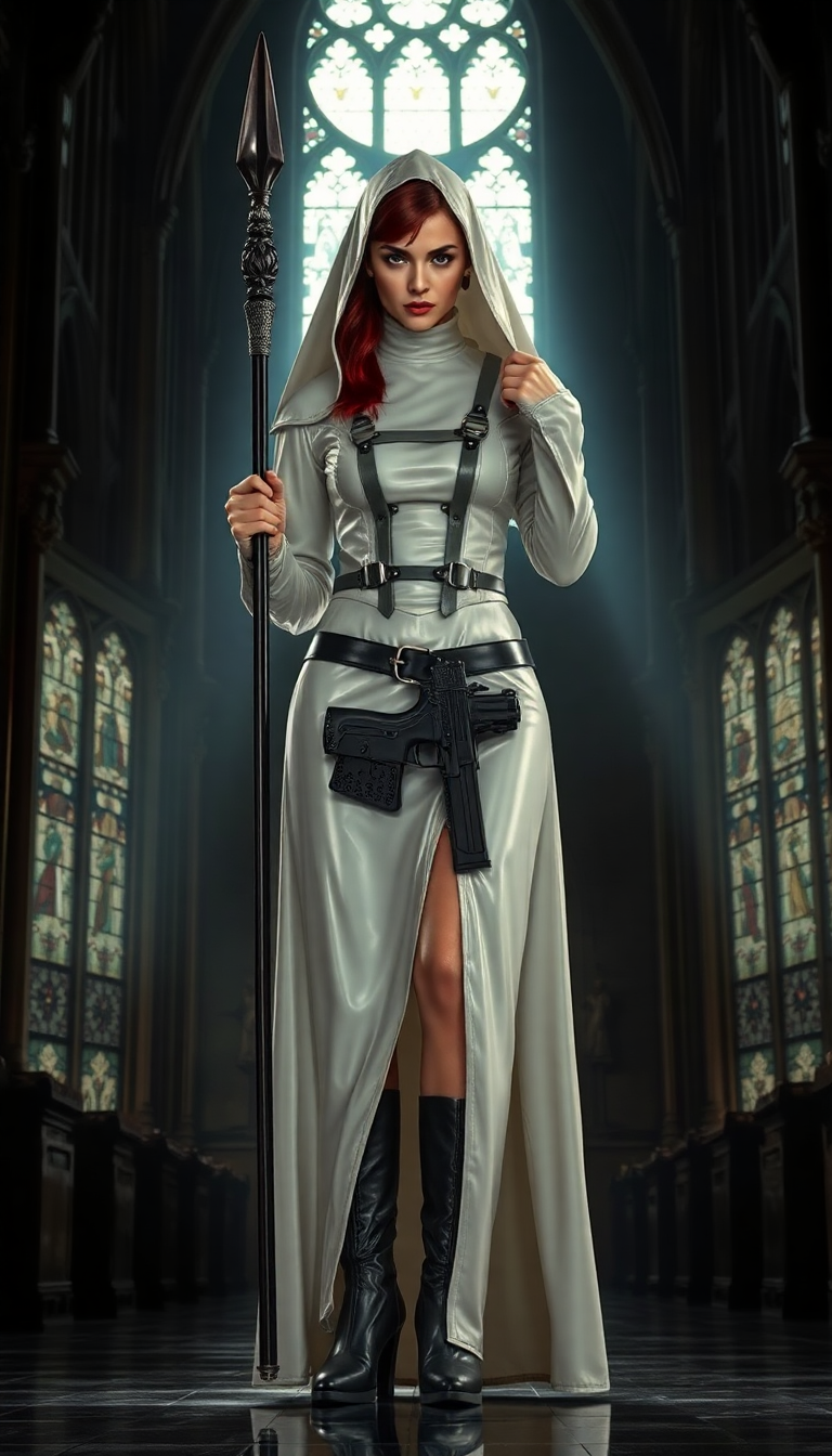 Armed Latex Nun In Gothic Cathedral