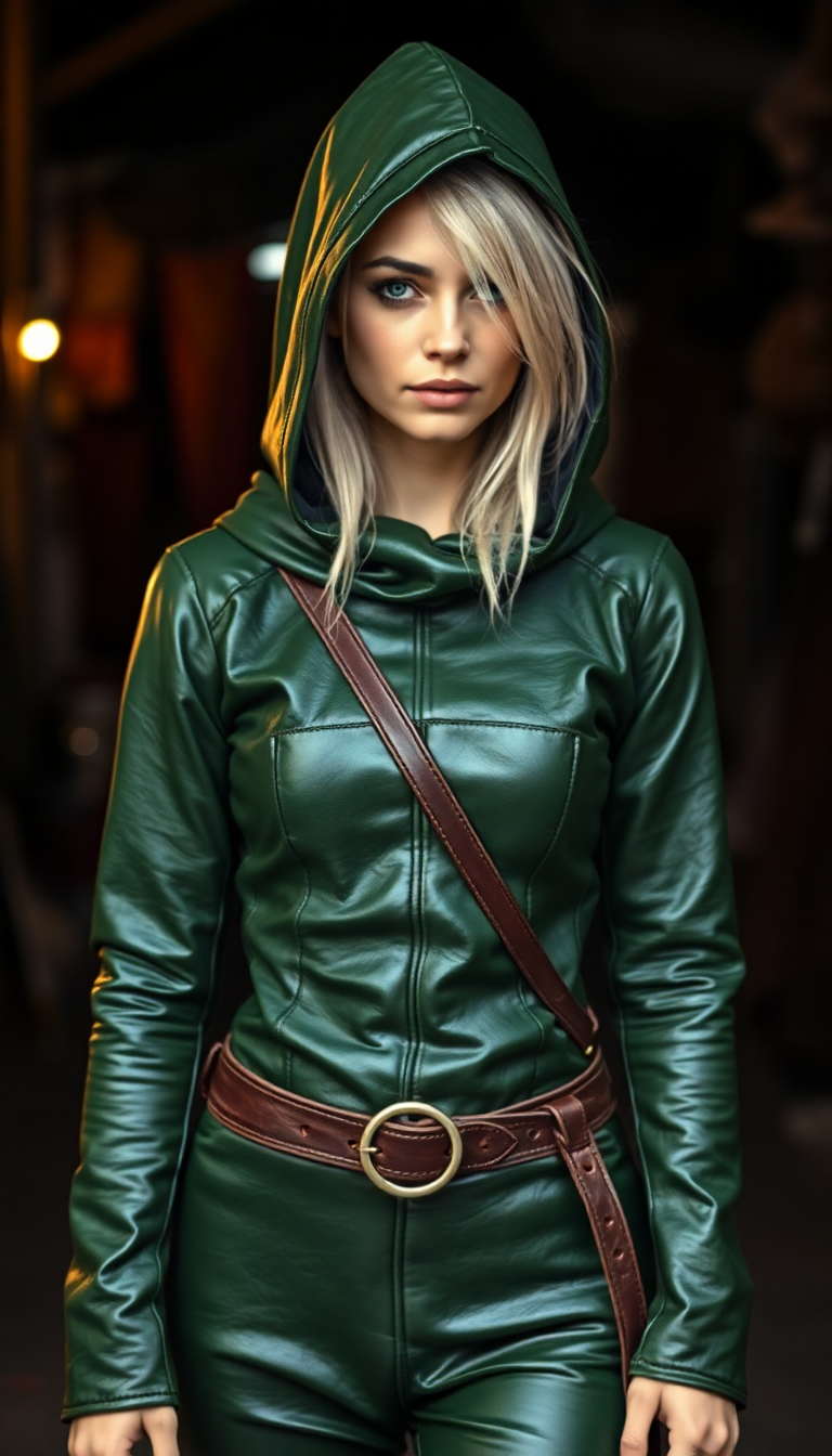 Hooded Woman in Emerald Leather