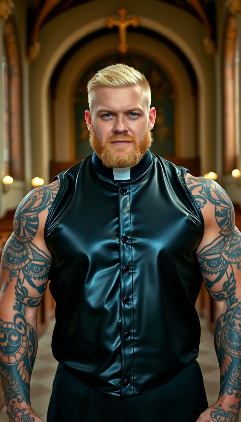 Tattooed Priest in Glossy Cassock