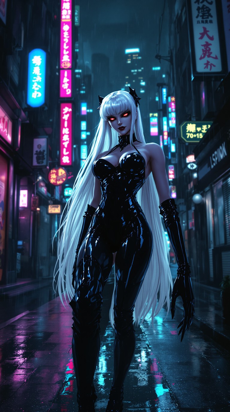 Sinister Moon in Neon Rain