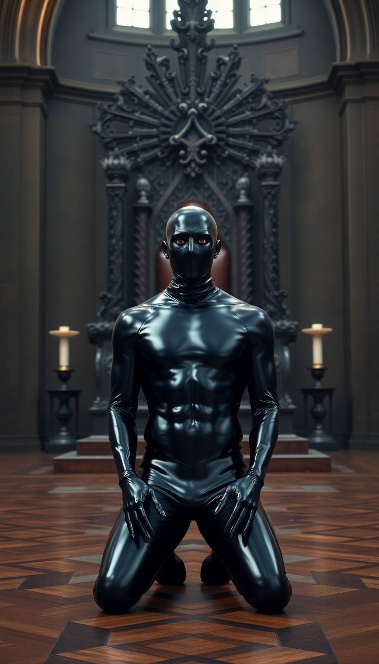 Kneeling Sentinel in Black Latex
