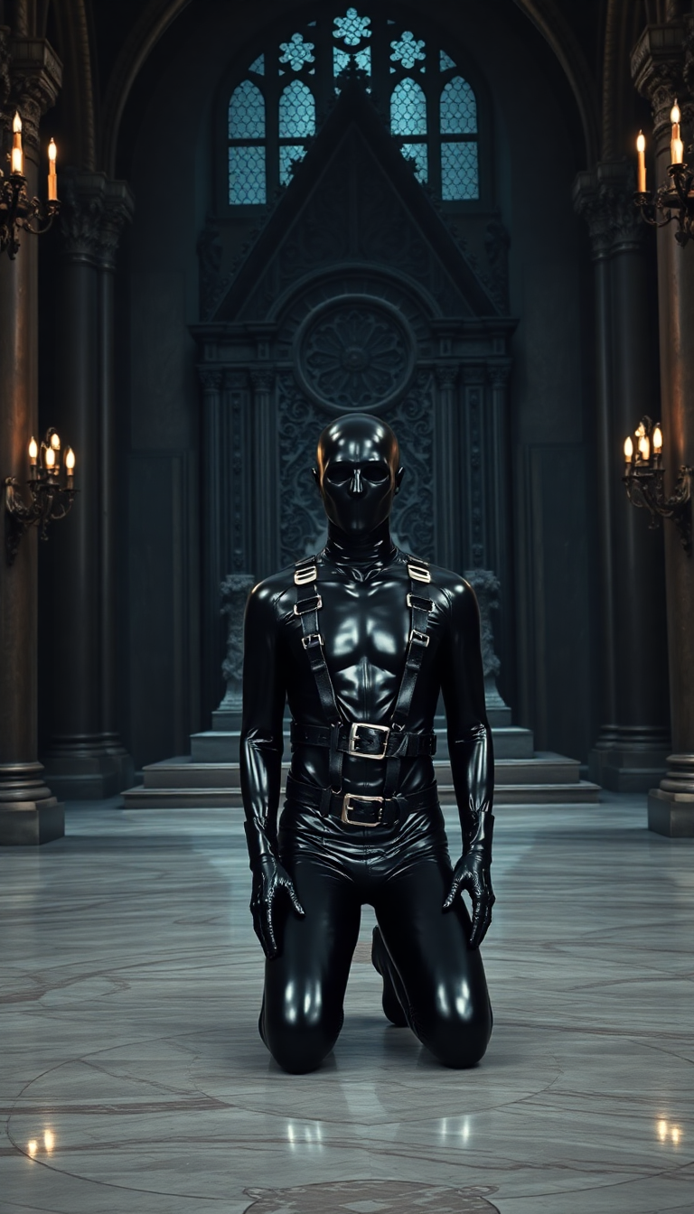 Kneeling Enigma in Gothic Shadows