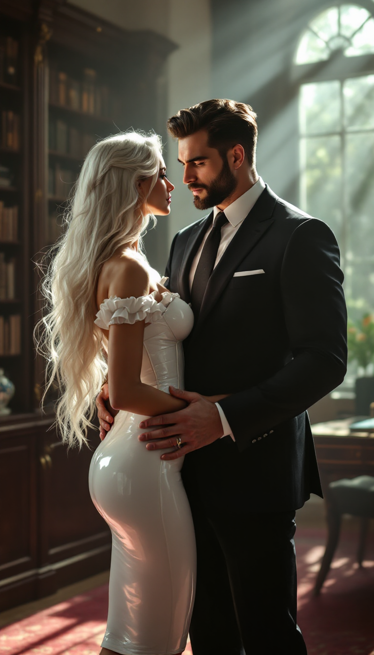 Possessive Embrace in Sunlit Study