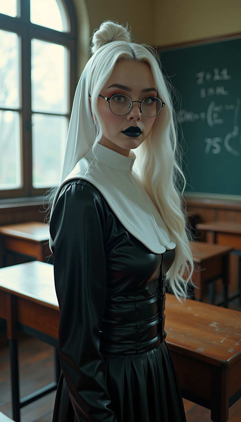 Ethereal Gothic Nun in Classroom