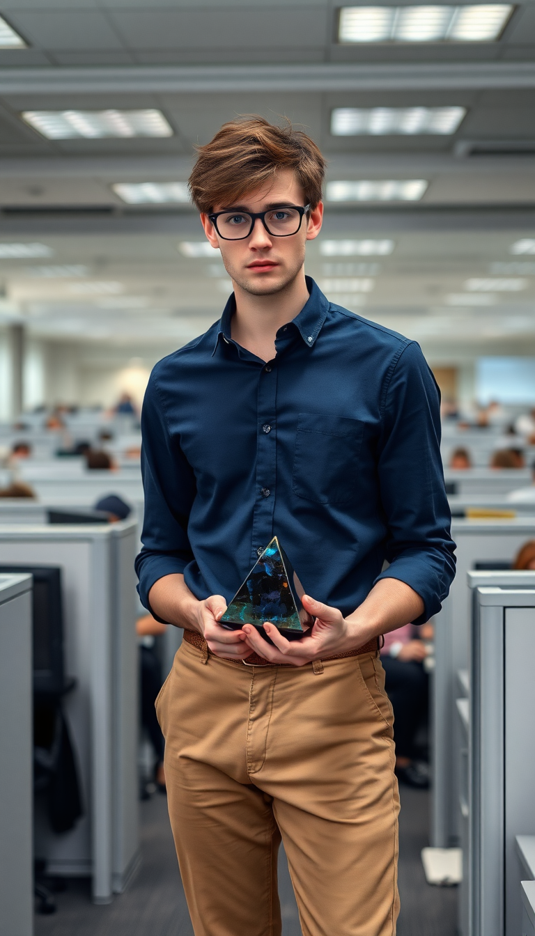 Man with Iridescent Crystal Pyramid