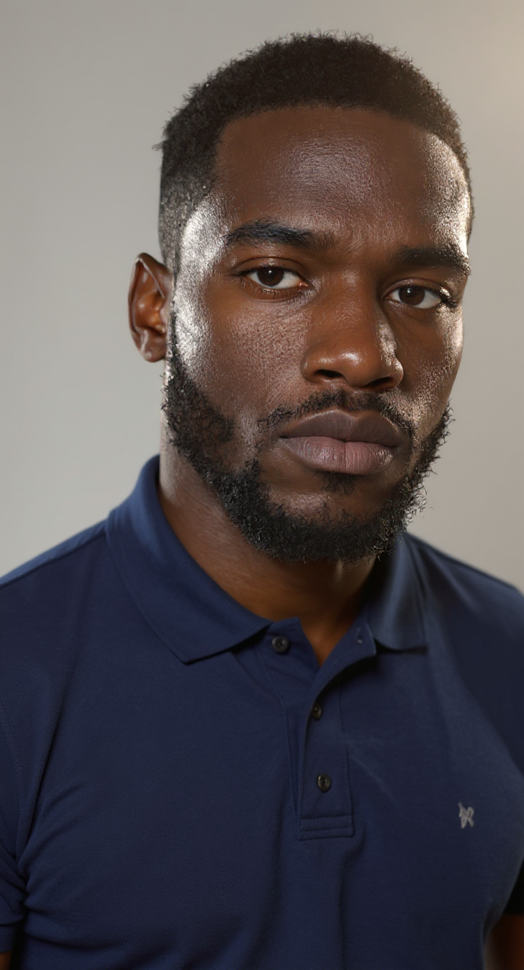 Intense Gaze in Navy Polo