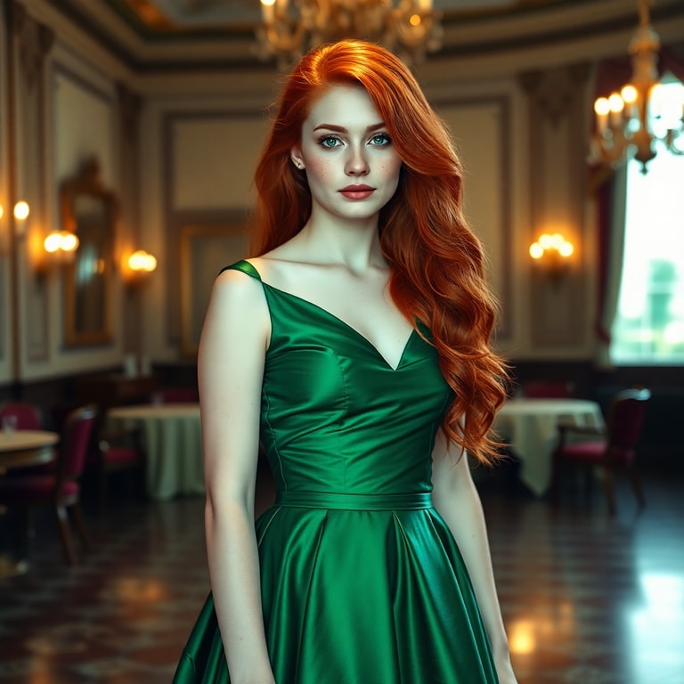 Fiery Redhead in Emerald Silk