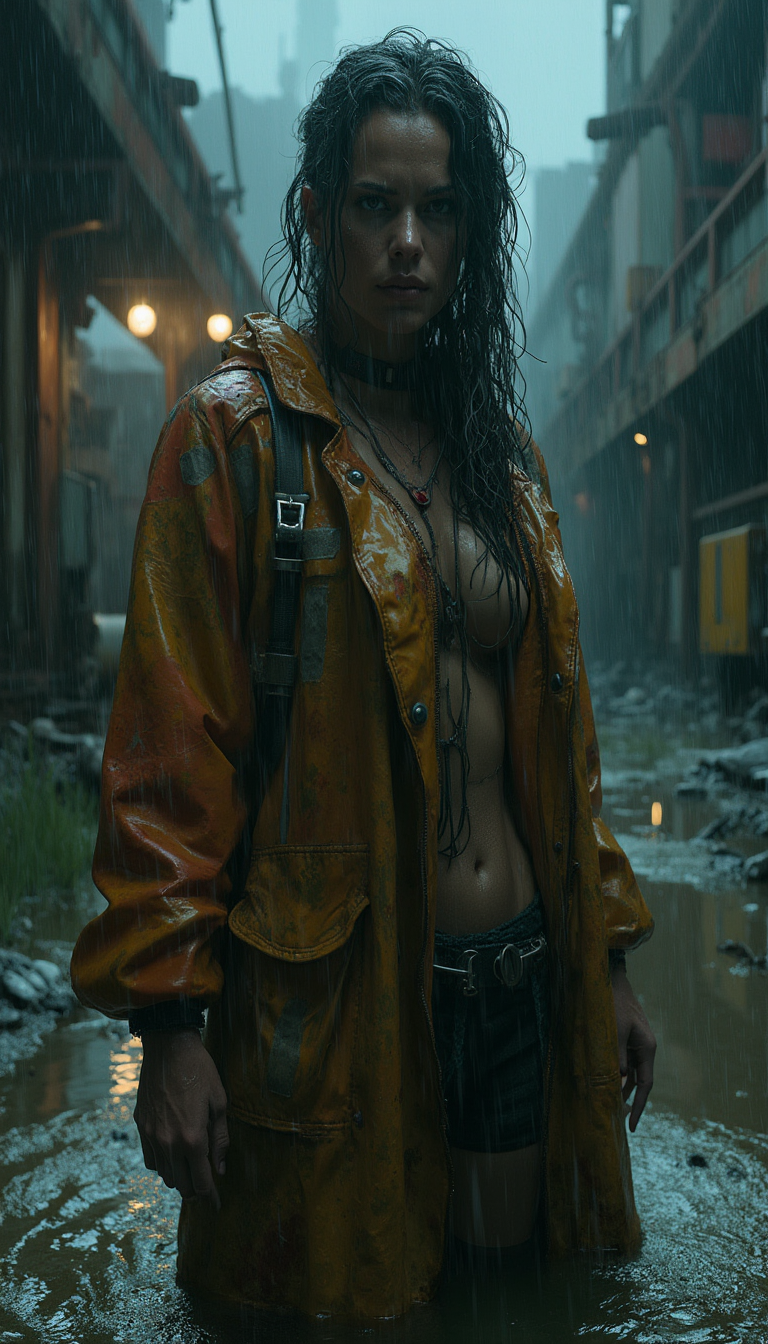 Defiant Survivor in Rainy Ruins