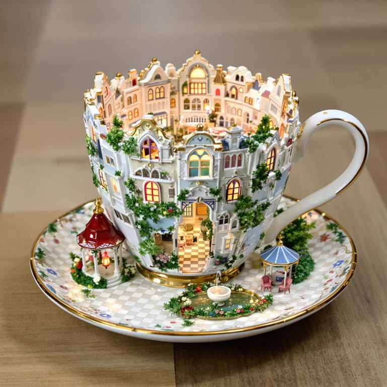 Whimsical Village in Porcelain Teacup