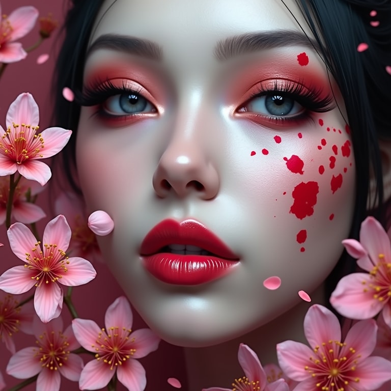 Crimson Petals on Porcelain Skin