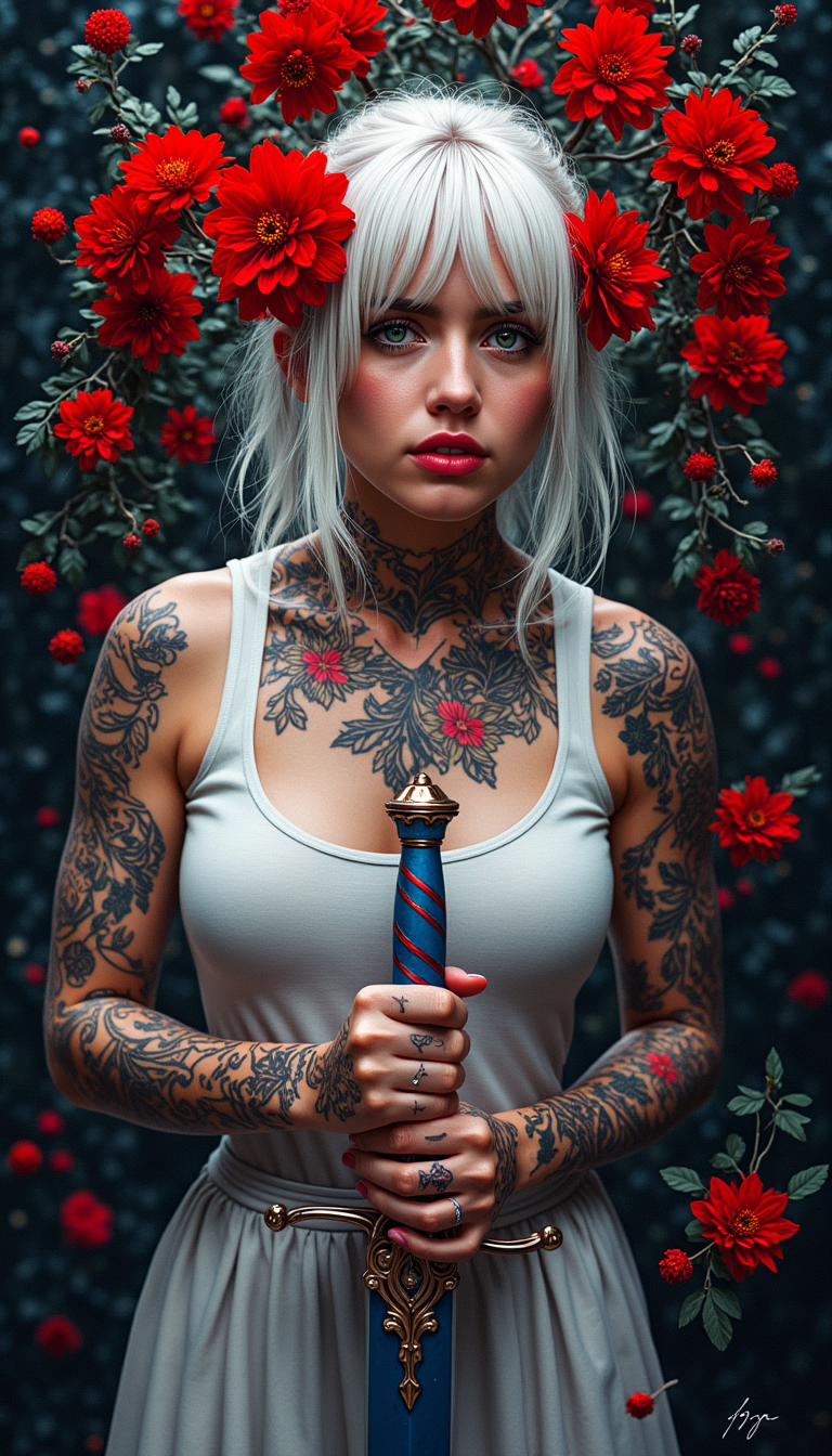 Tattooed Sentinel Amidst Scarlet Blooms