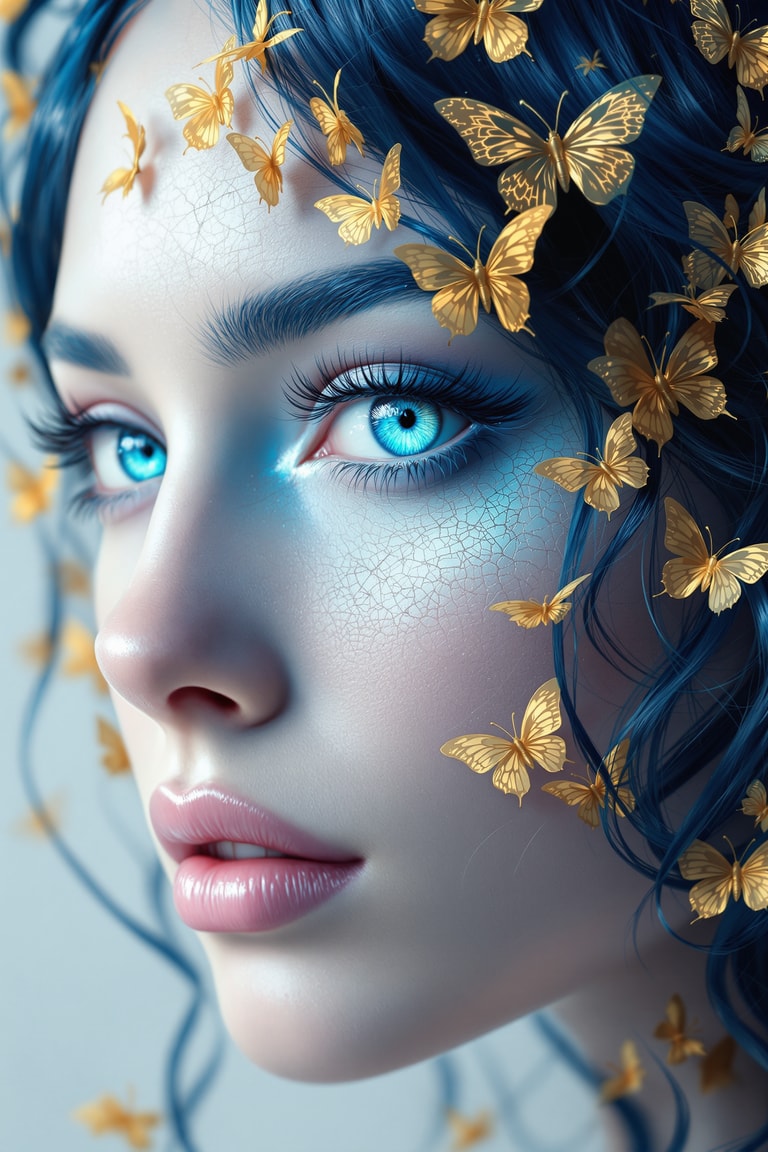 Azure Gaze Amid Golden Butterflies