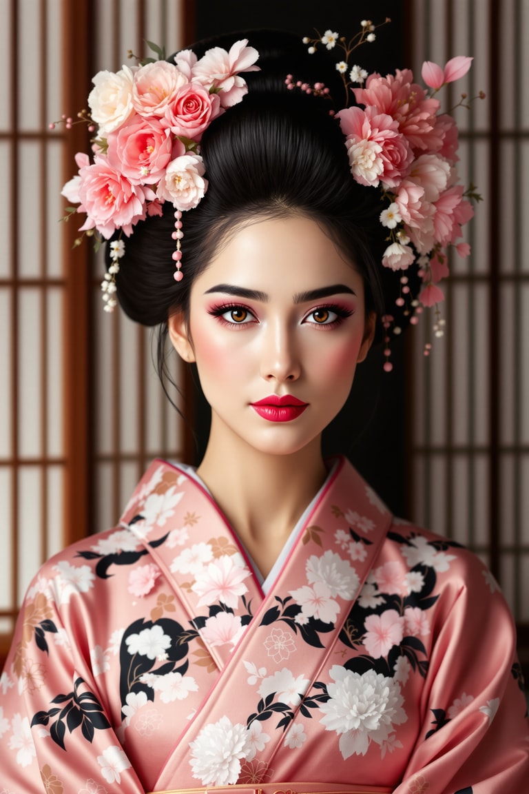 Floral Geisha in Blush Kimono