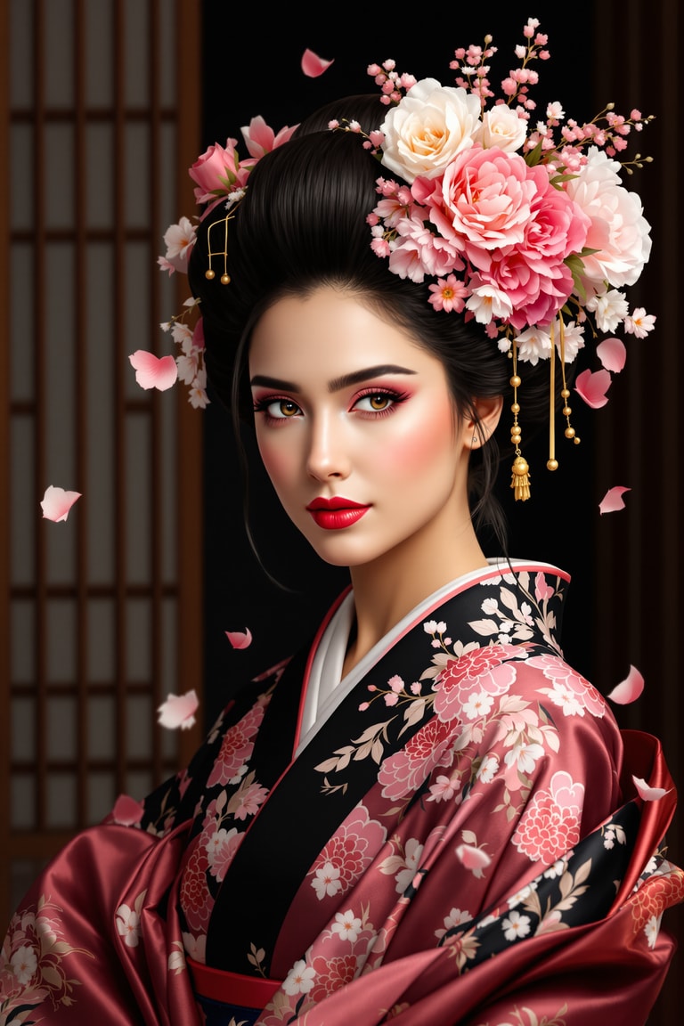 Blossoming Geisha in Crimson Silk