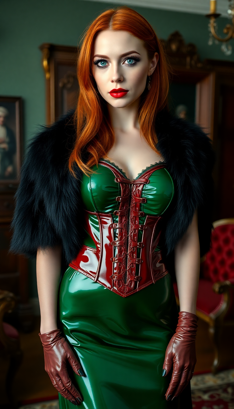 Redhead in Emerald Latex Corset