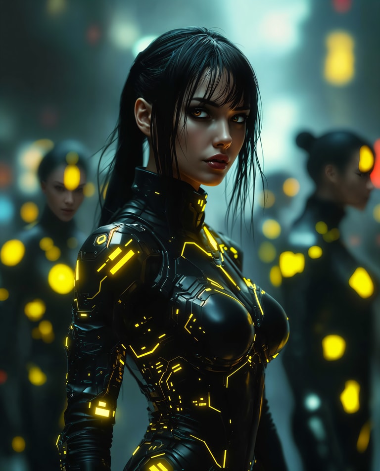 Neon Circuitry in Shadowed Armor