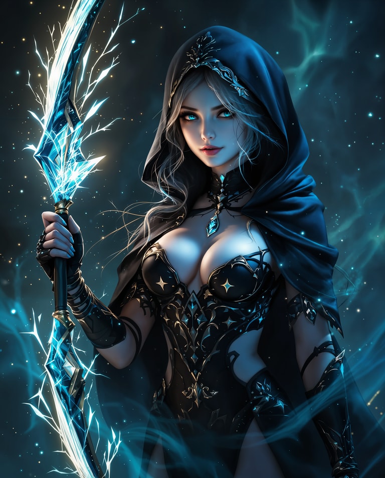 Sorceress Wielding Celestial Lightning Blade