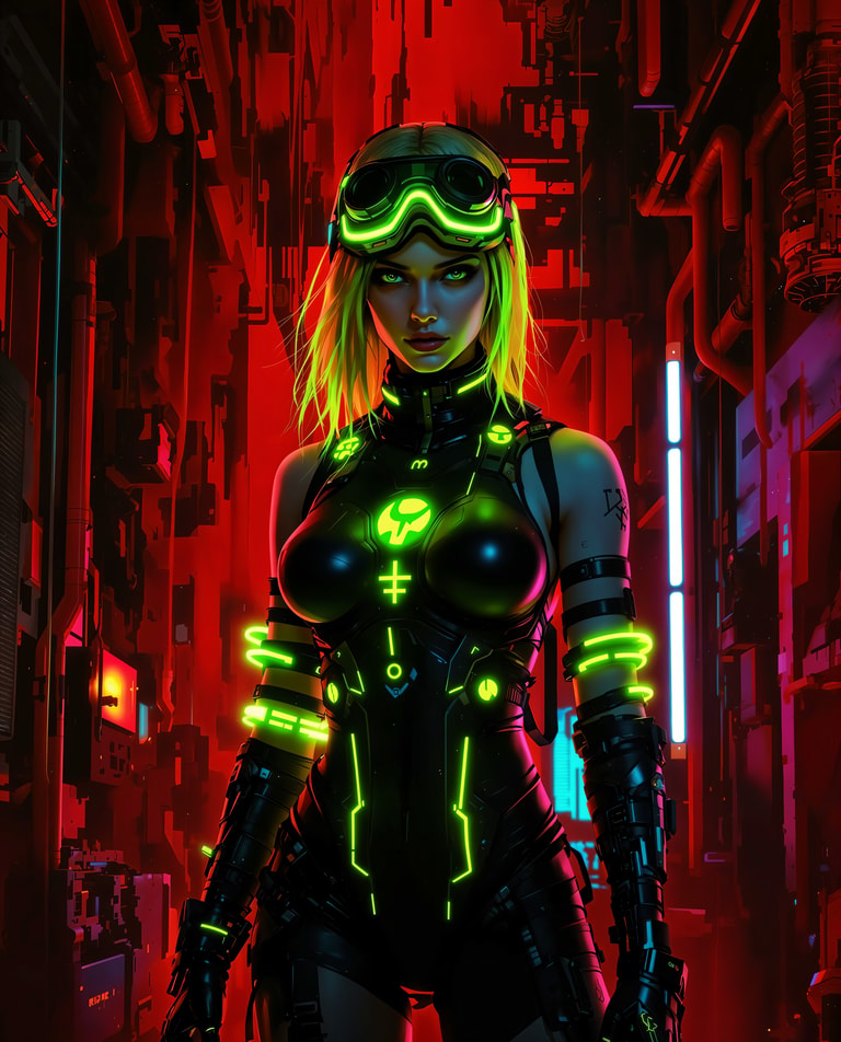 Neon Cyberpunk Enforcer in Crimson Light
