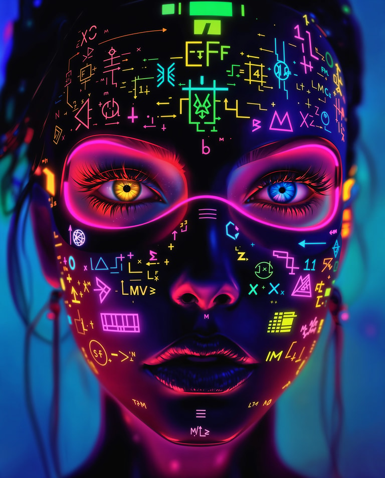 Neon Symbols on Cybernetic Face