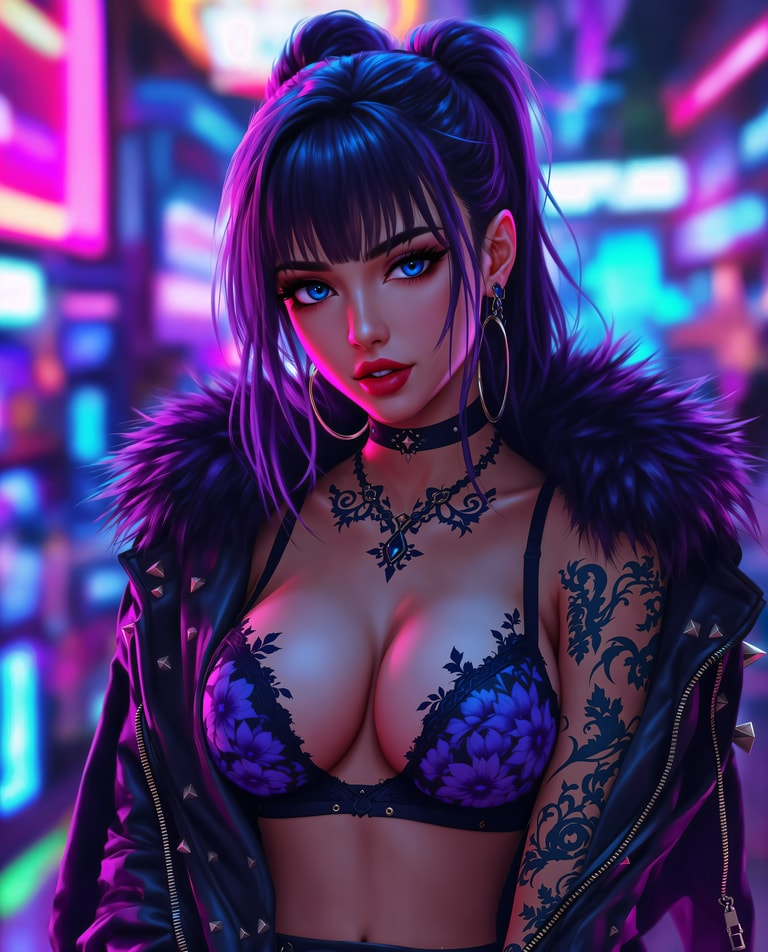 Neon Siren in Violet Pigtails