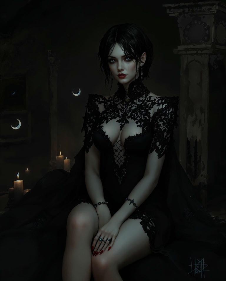 Gothic Siren Amid Candlelit Ruins