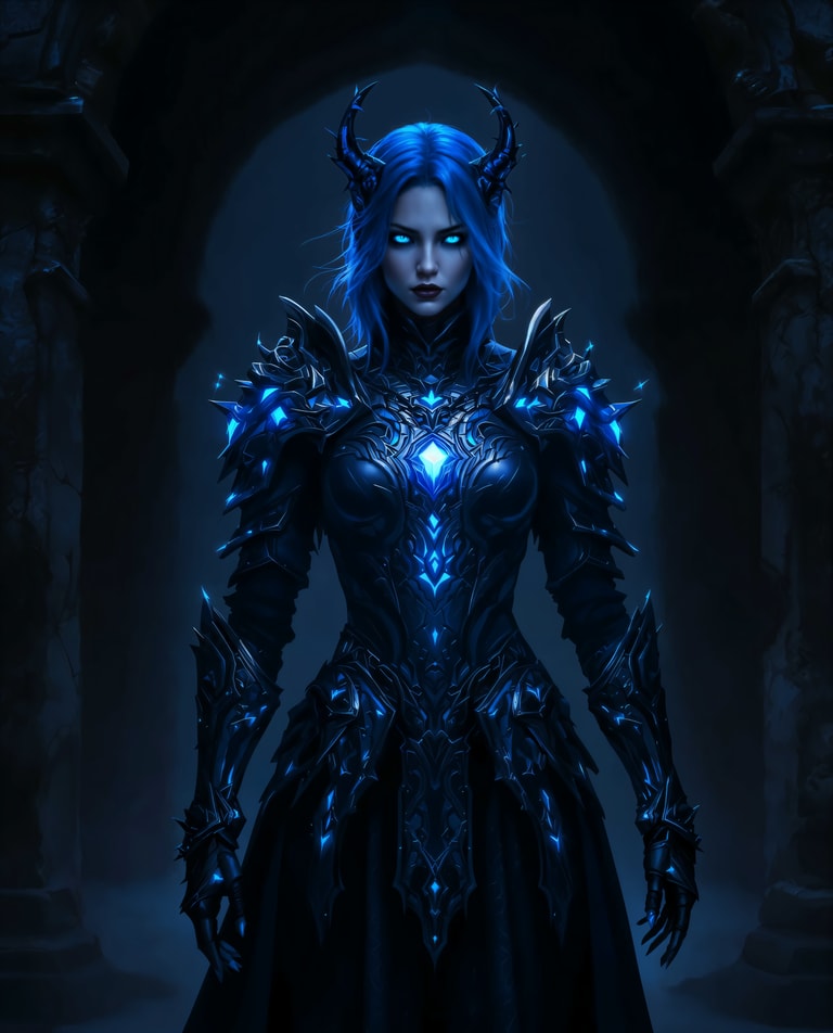 Sapphire Sorceress in Shadowed Armor