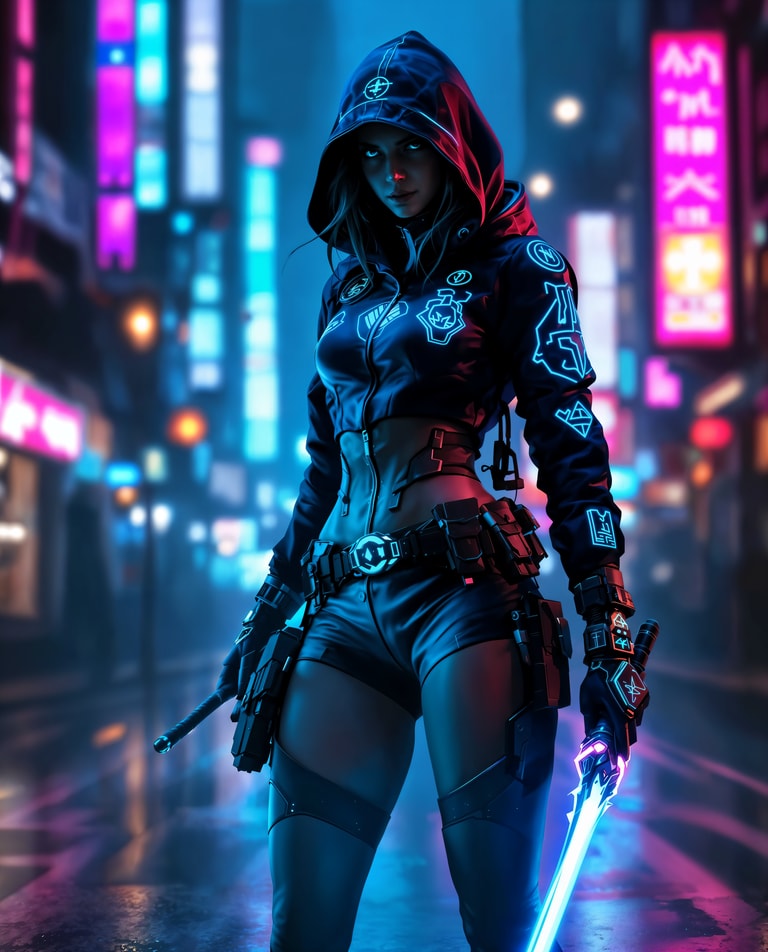 Neon Cyberpunk Swordswoman Stands Ready