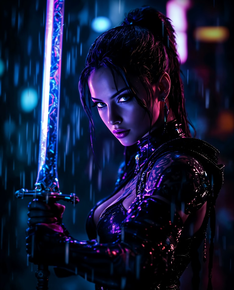 Neon Blade in Midnight Rain