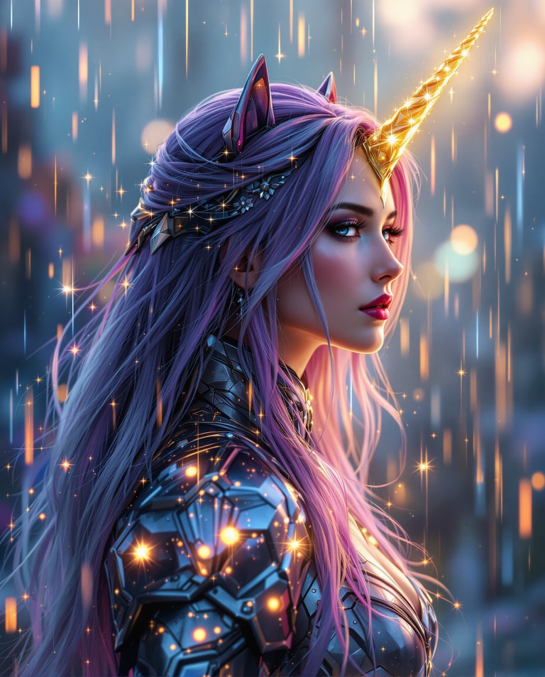 Glowing Unicorn Warrior in Rain