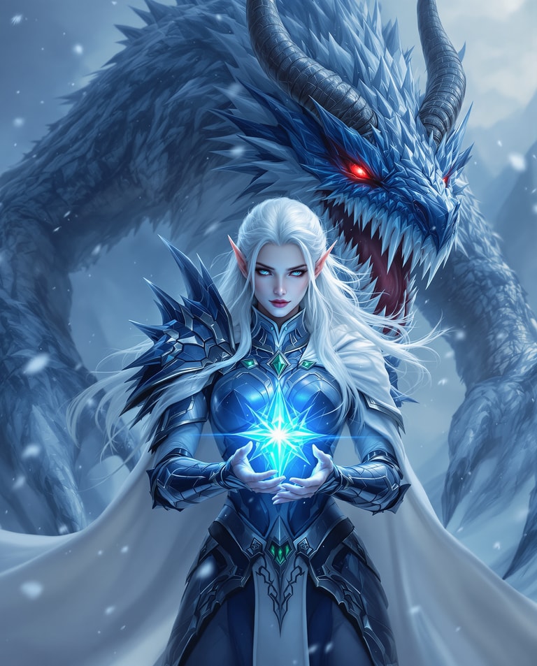 Frostbound Elf and Crimson Dragon