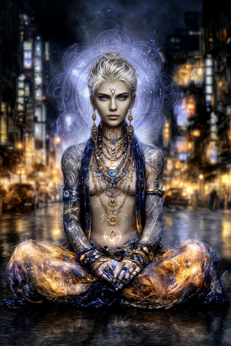 Celestial Oracle in Neon Rain