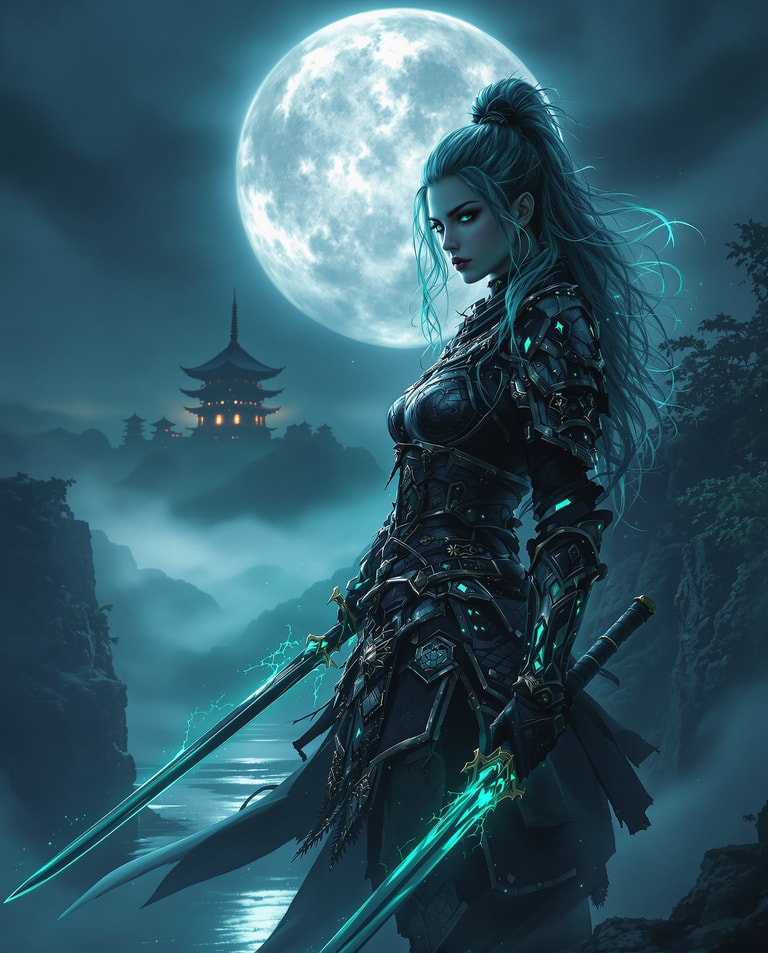 Moonlit Warrior Beneath Azure Glow