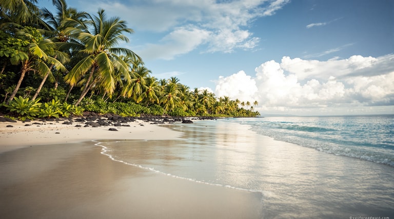 Sunlit Palms on Pristine Shore